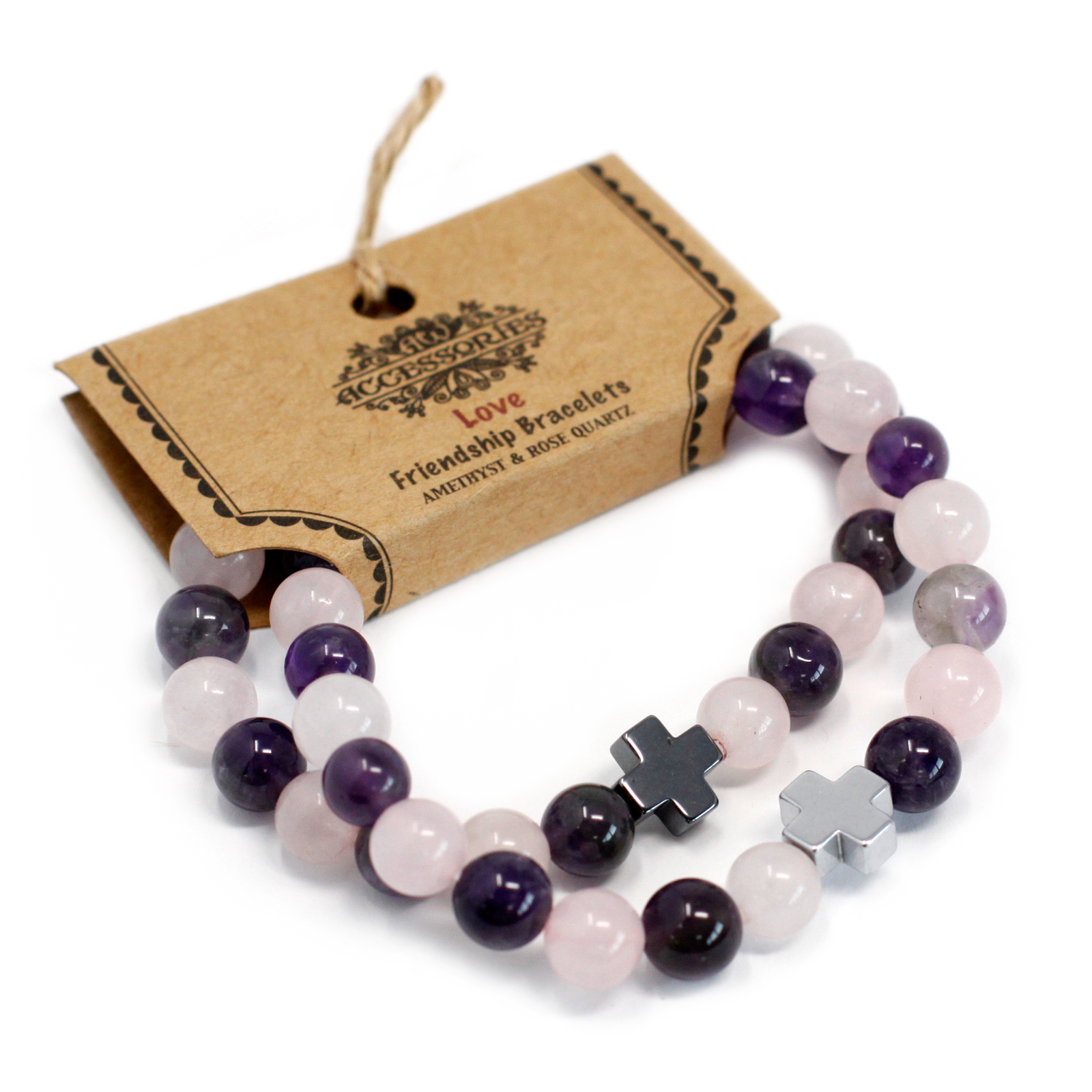 Set of 2 Gemstones Friendship Bracelets - Love - Amethyst & Rose Quartz (FGB-02)