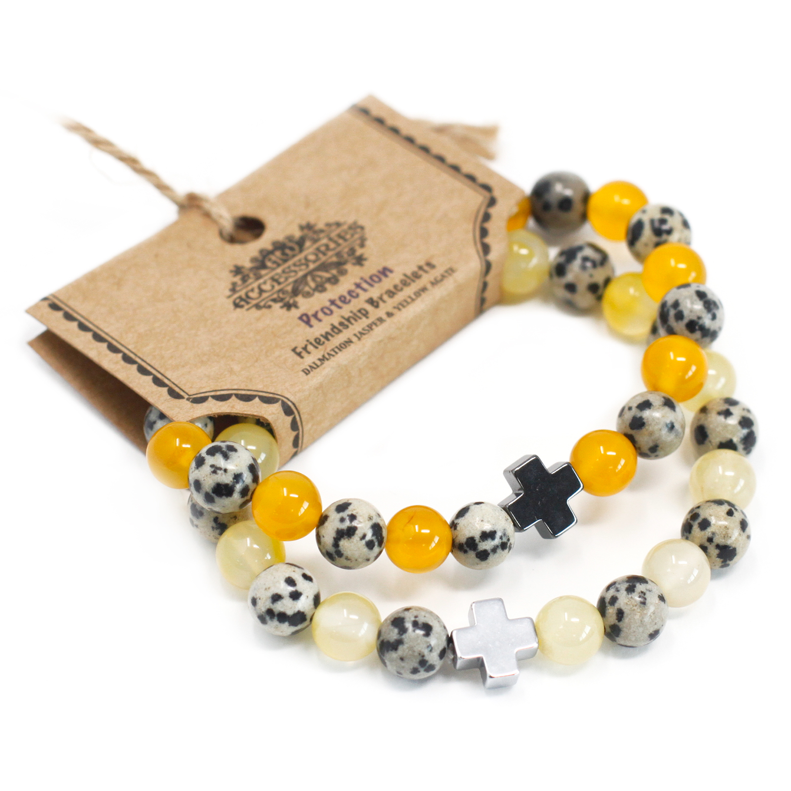 Set of 2 Gemstones Friendship Bracelets - Protection - Dalmation Jasper & Yellow Agate  (FGB-04)