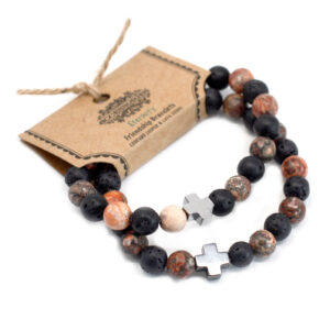 Set of 2 Gemstones Friendship Bracelets - Eternity - Leopard Skin Jasper & Lava Stone  (FGB-06)