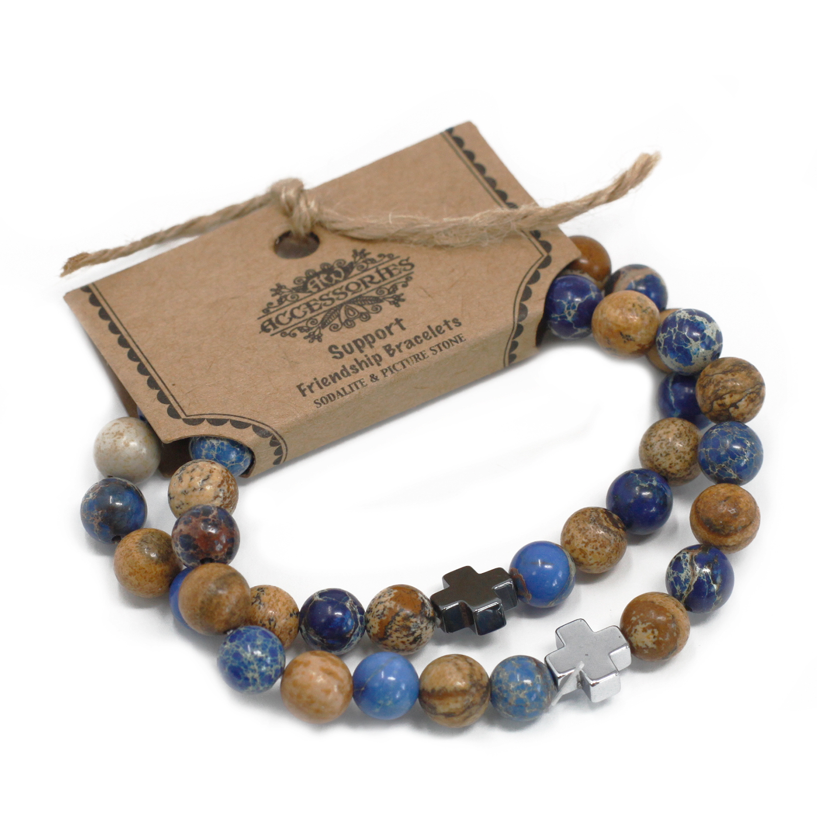 Set of 2 Gemstones Friendship Bracelets - Support - Sodalite & Picturestone  (FGB-08)