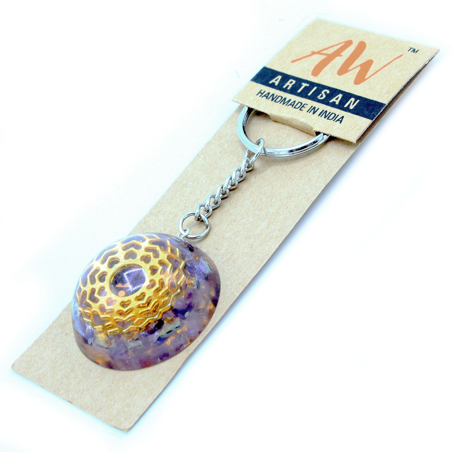 Orgonite Power Keyring - Amethyst Mandala Hearts  (OrgK-02)