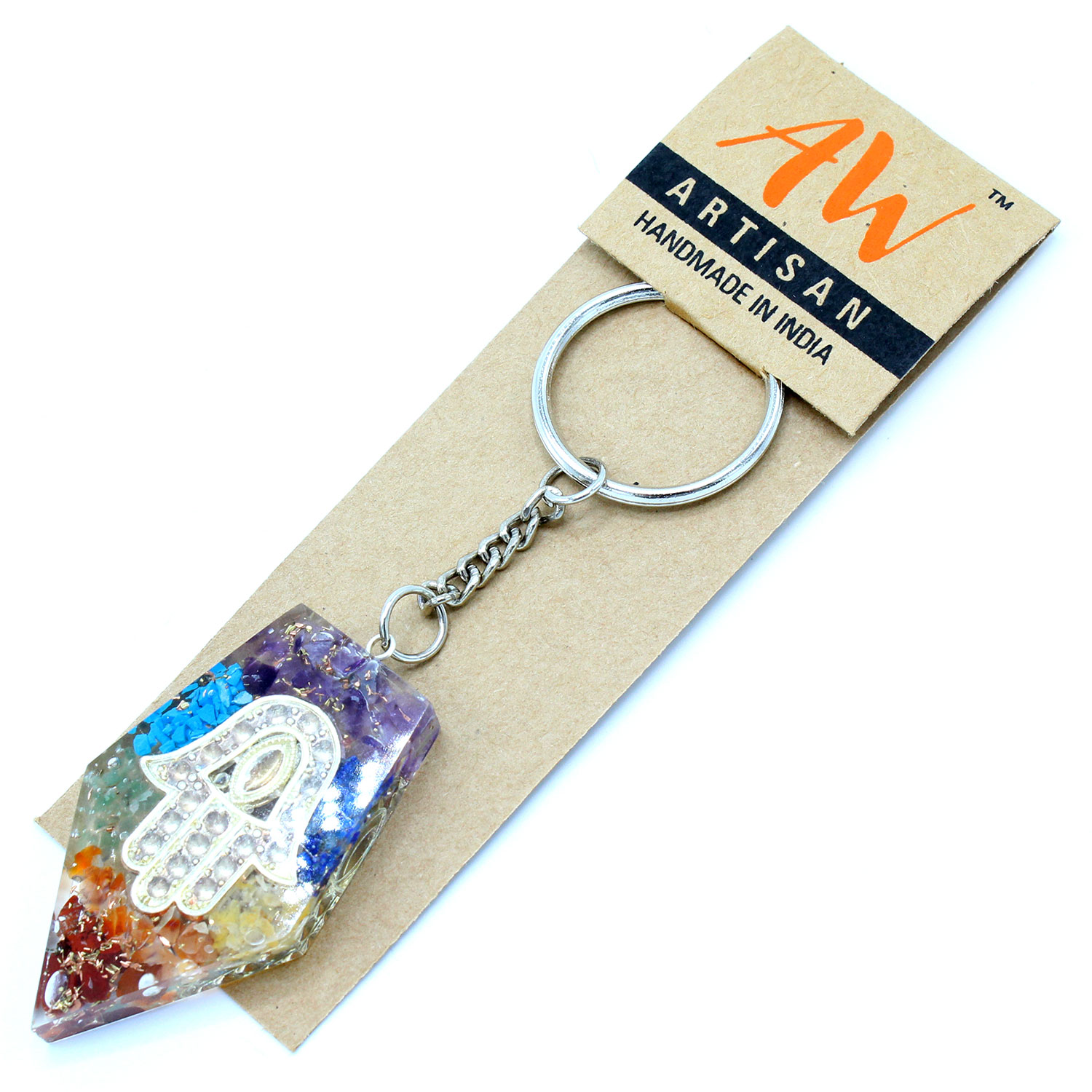 Orgonite Power Keyring - Gemstone Chakra Hamsa  (OrgK-06)