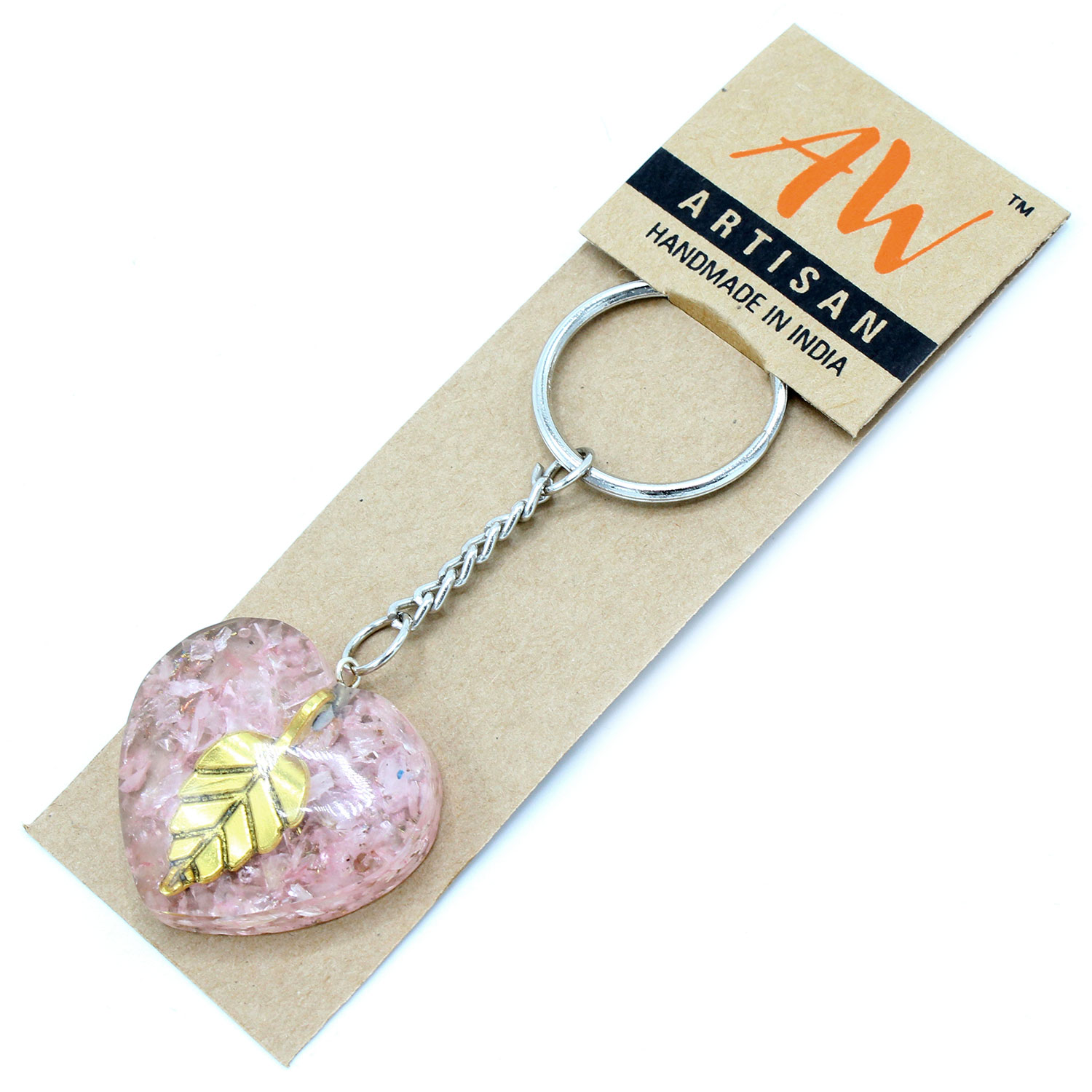 Orgonite Power Keyring - Rose Quartz Heearts Golden Leaf  (OrgK-10)