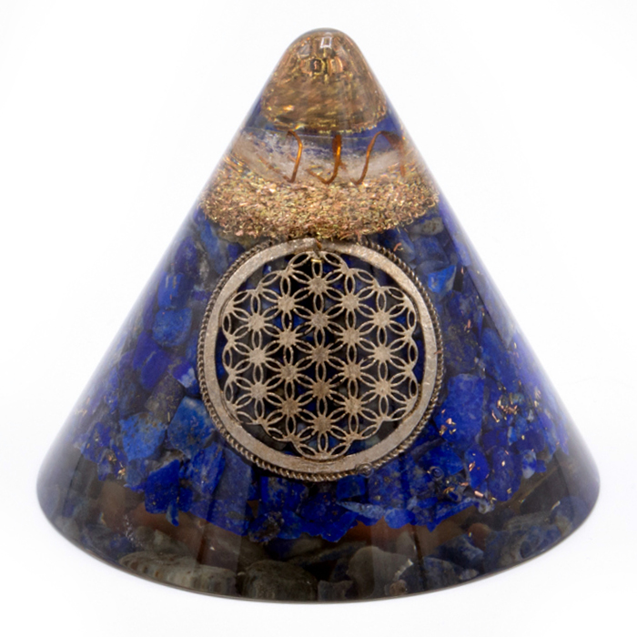 Orgonite Cone - Lapis Flower of Life - Suspended Quartz - 90 mm  (Orgn-21)