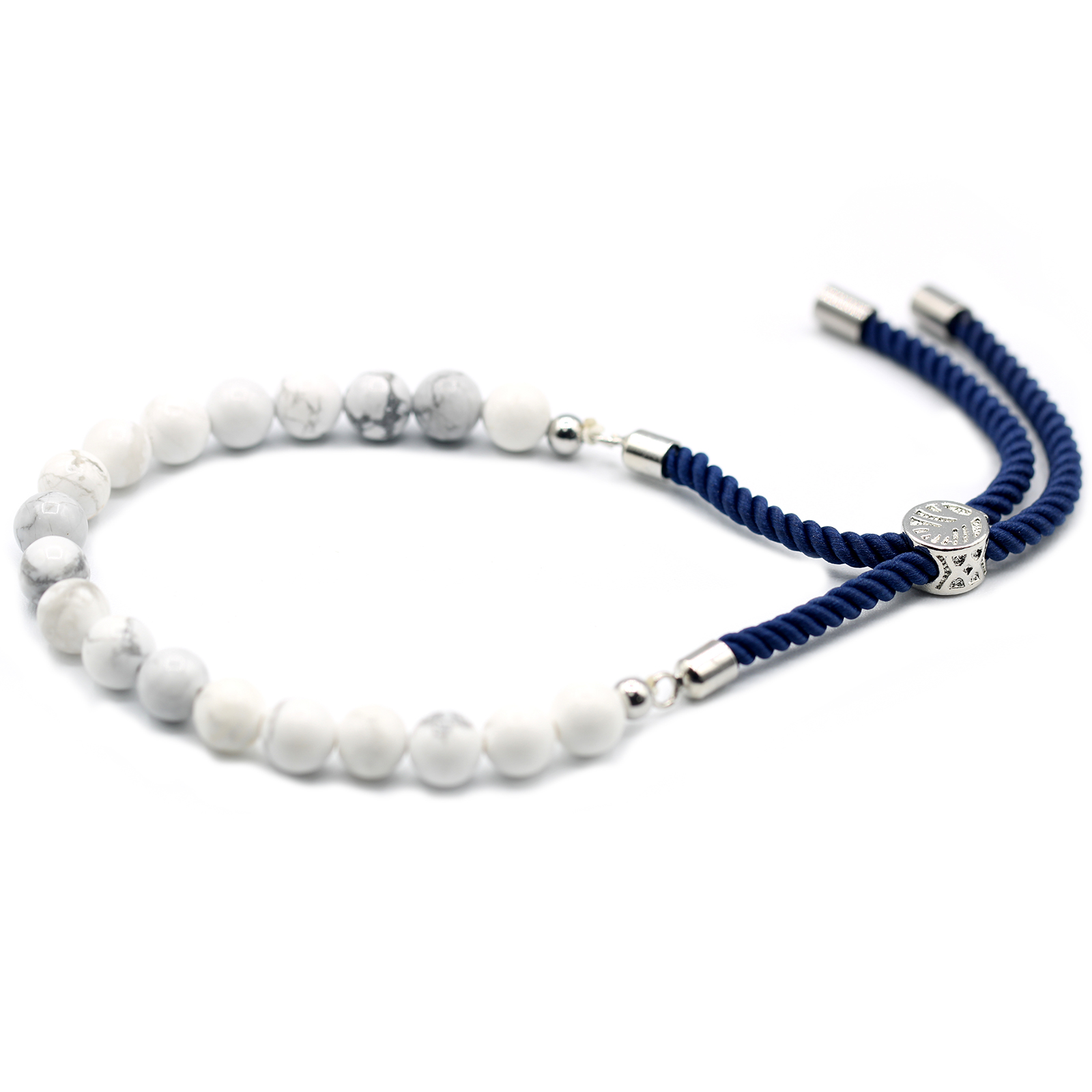 925 Silver Plated Gemstone Navy String Bracelet - White Howlite (GemSB-04)