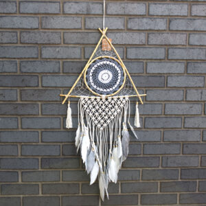 Protection Dream Cather - Lrg Macrame Pyramid White/Grey (EyeDC-11)