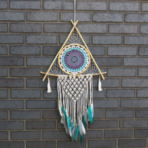 Protection Dream Cather - Lrg Macrame Pyramid White/Turquoise (EyeDC-12)