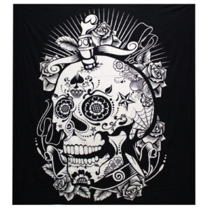 B&W Double Cotton Bedspread + Wall Hanging - Rose Skull  (BWCB-06)