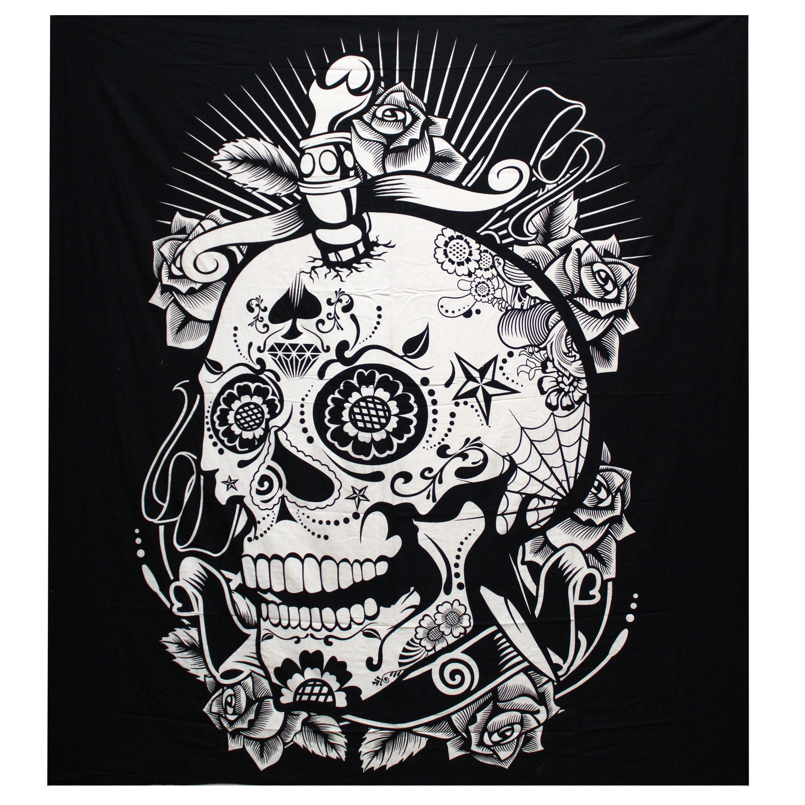 B&W Double Cotton Bedspread + Wall Hanging - Rose Skull (BWCB-06)