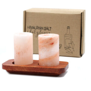 Set of 2 Himalayan Salt Shot Glasses & Wood Serving Stand  (QsaltS-02)