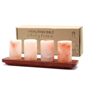 Set of 4 Himalayan Salt Shot Glasses & Wood Serving Stand (QsaltS-01)