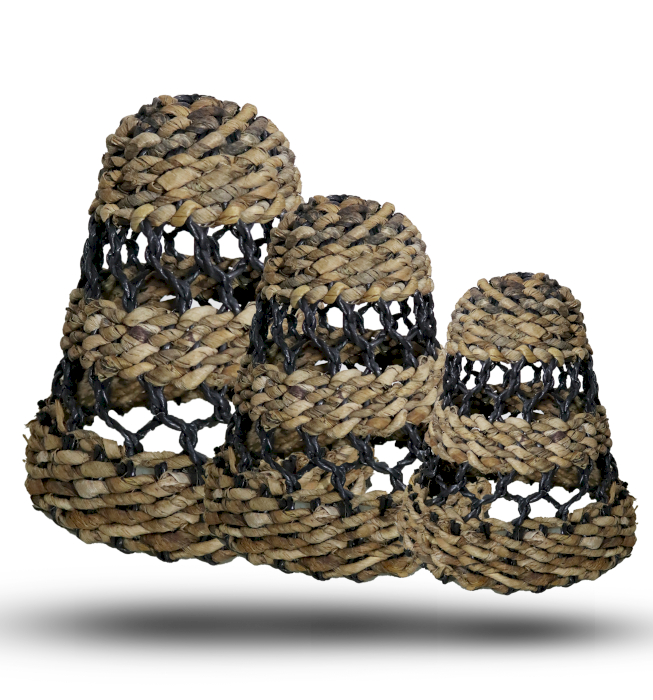 Natural Banana Leaf & Hitam Raffia Lamp Shades - Set of 3 (NLAS-02)