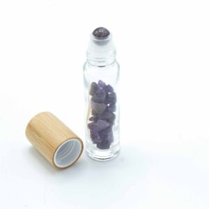 Gemstone Essential Oil Roller Bottle - Amethyst  - Wooden Cap + Gemstone Roller Tip for 5ml Bottle - Amethyst  (CGRB-05)