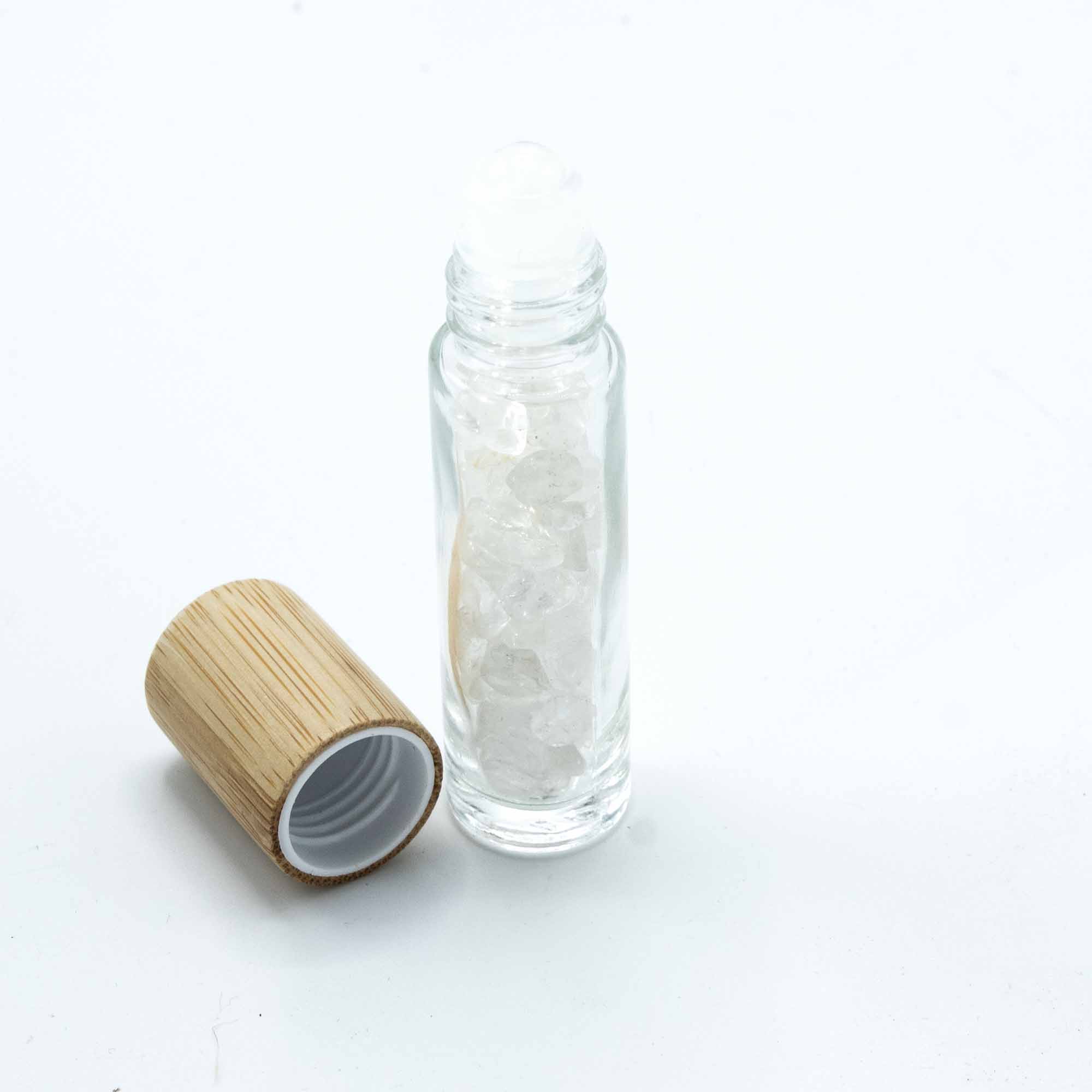 Gemstone Essential Oil Roller Bottle - Rock Quartz  - Wooden Cap + Gemstone Roller Tip for 5ml Bottle - Rock Quartz  (CGRB-06)
