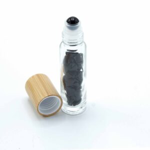 Gemstone Essential Oil Roller Bottle - Black Tourmaline  - Wooden Cap + Gemstone Roller Tip for 5ml Bottle - Black Tourmaline  (CGRB-07)