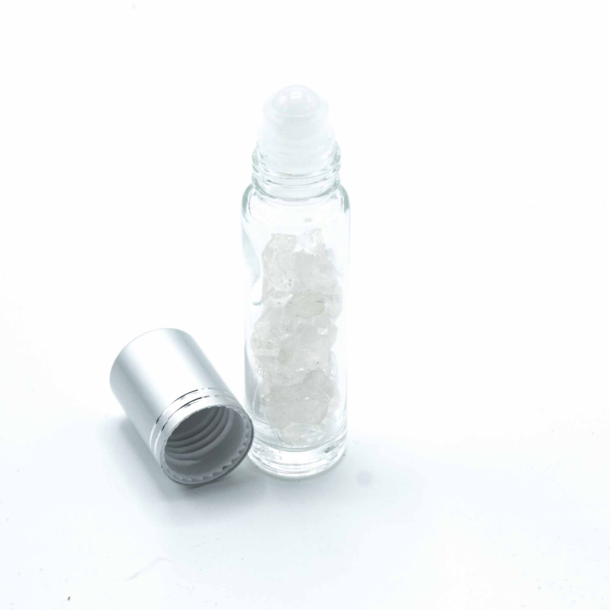 Gemstone Essential Oil Roller Bottle - Rock Quartz - Silver Cap + Gemstone Roller Tip for 5ml Bottle - Rock Quartz (CGRB-13)