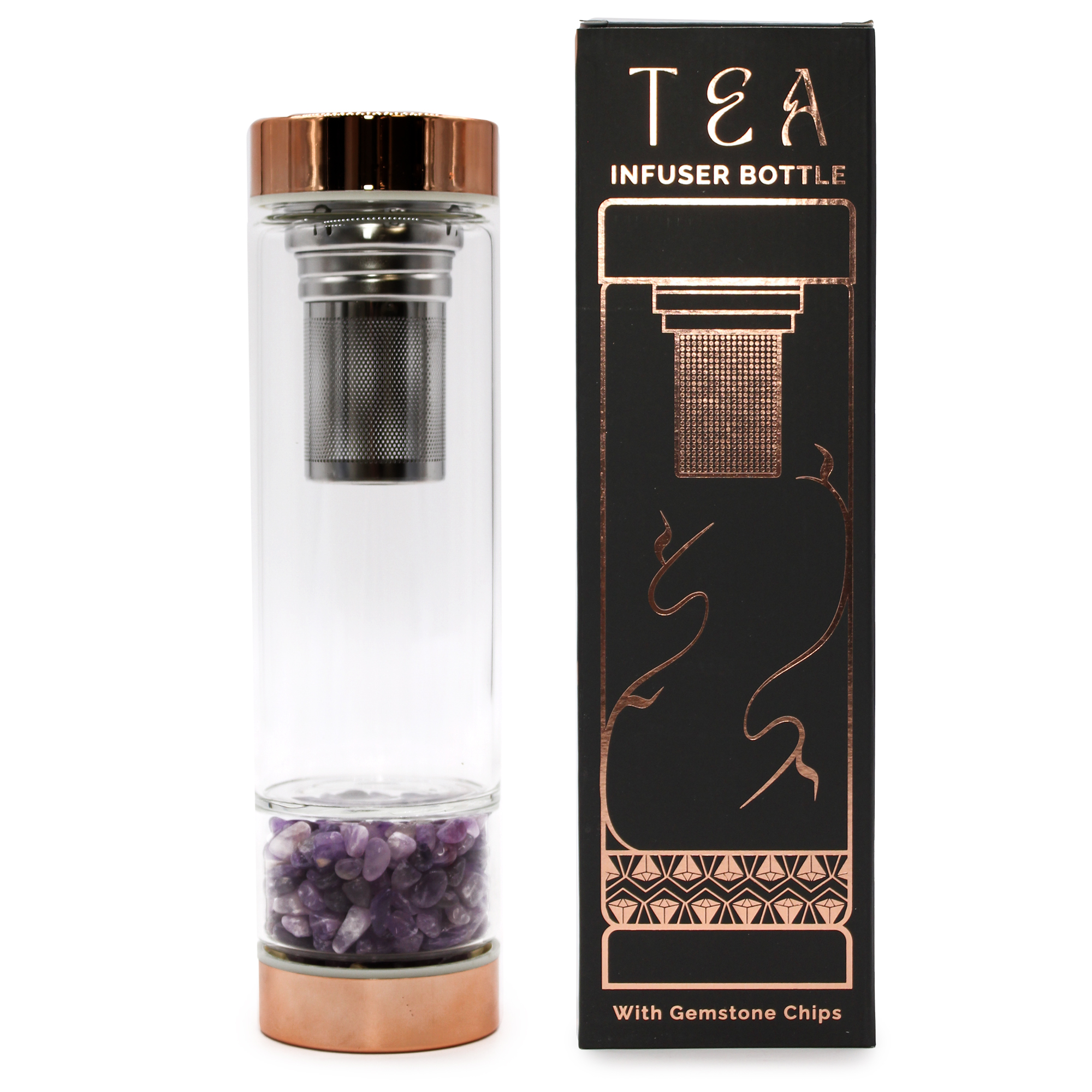 Crystal Glass Tea Infuser Bottle - Rose Gold - Amethyst  (CGTIB-01)