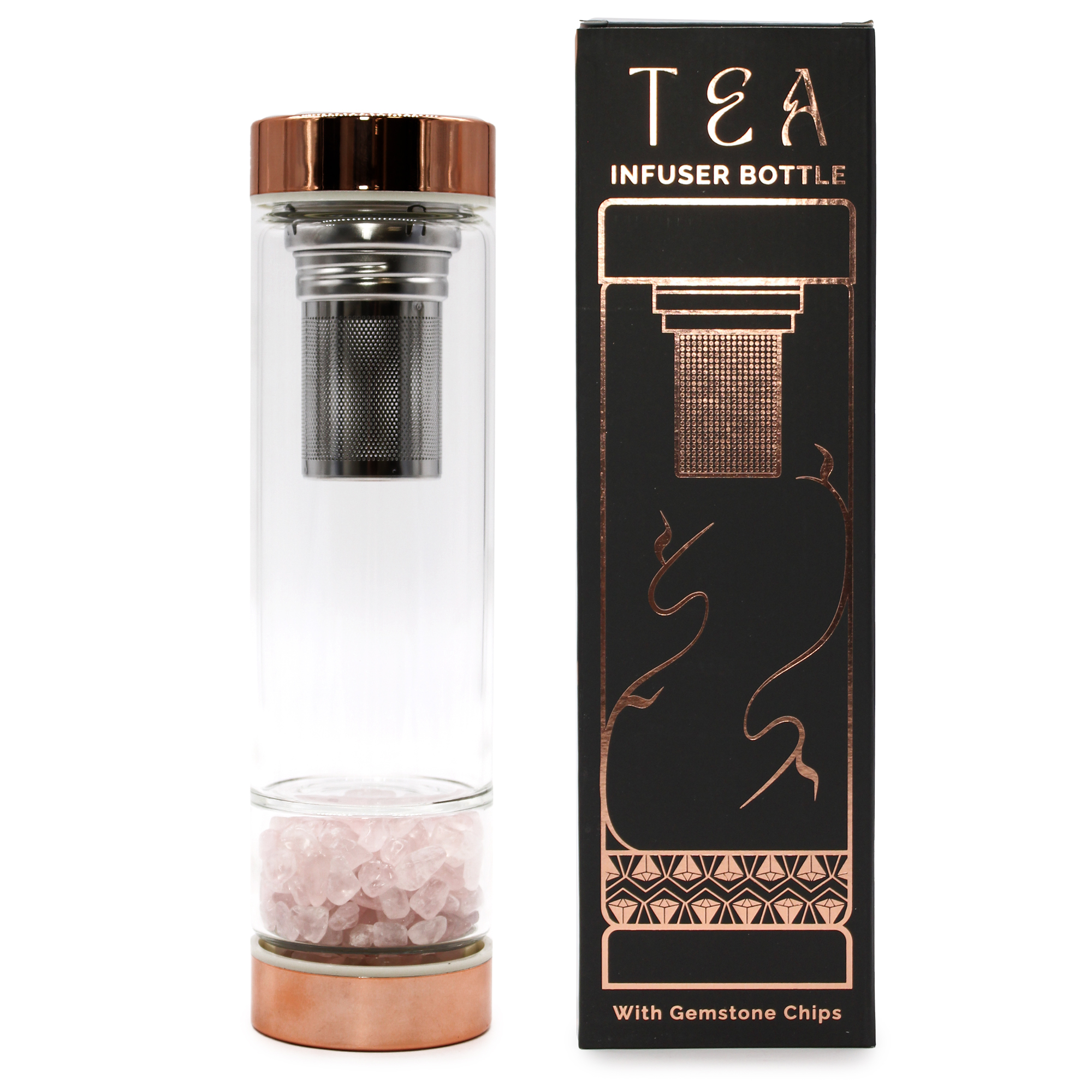 Crystal Glass Tea Infuser Bottle - Rose Gold - Rose Quartz  (CGTIB-02)