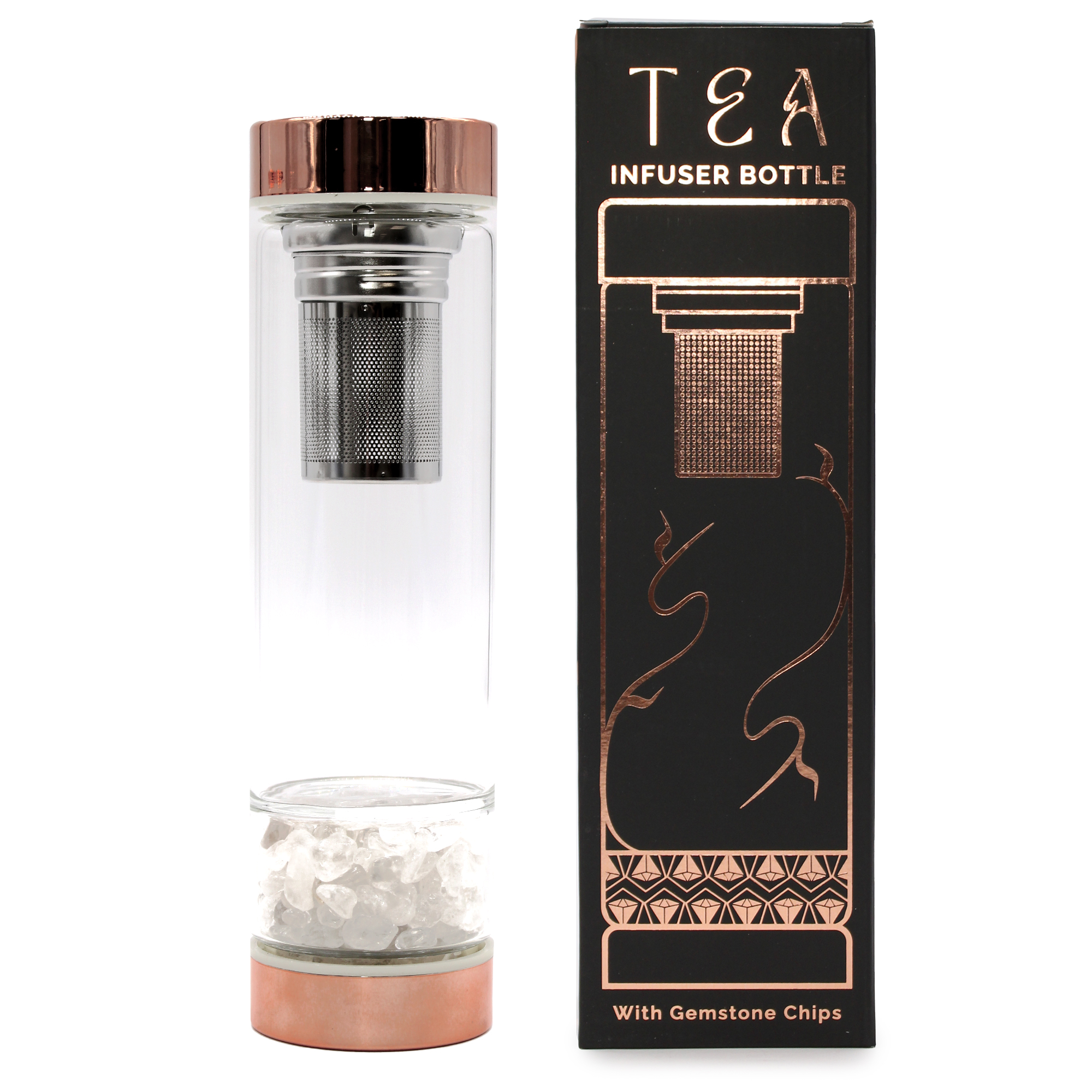 Crystal Glass Tea Infuser Bottle - Rose Gold - Rock Quartz  (CGTIB-03)