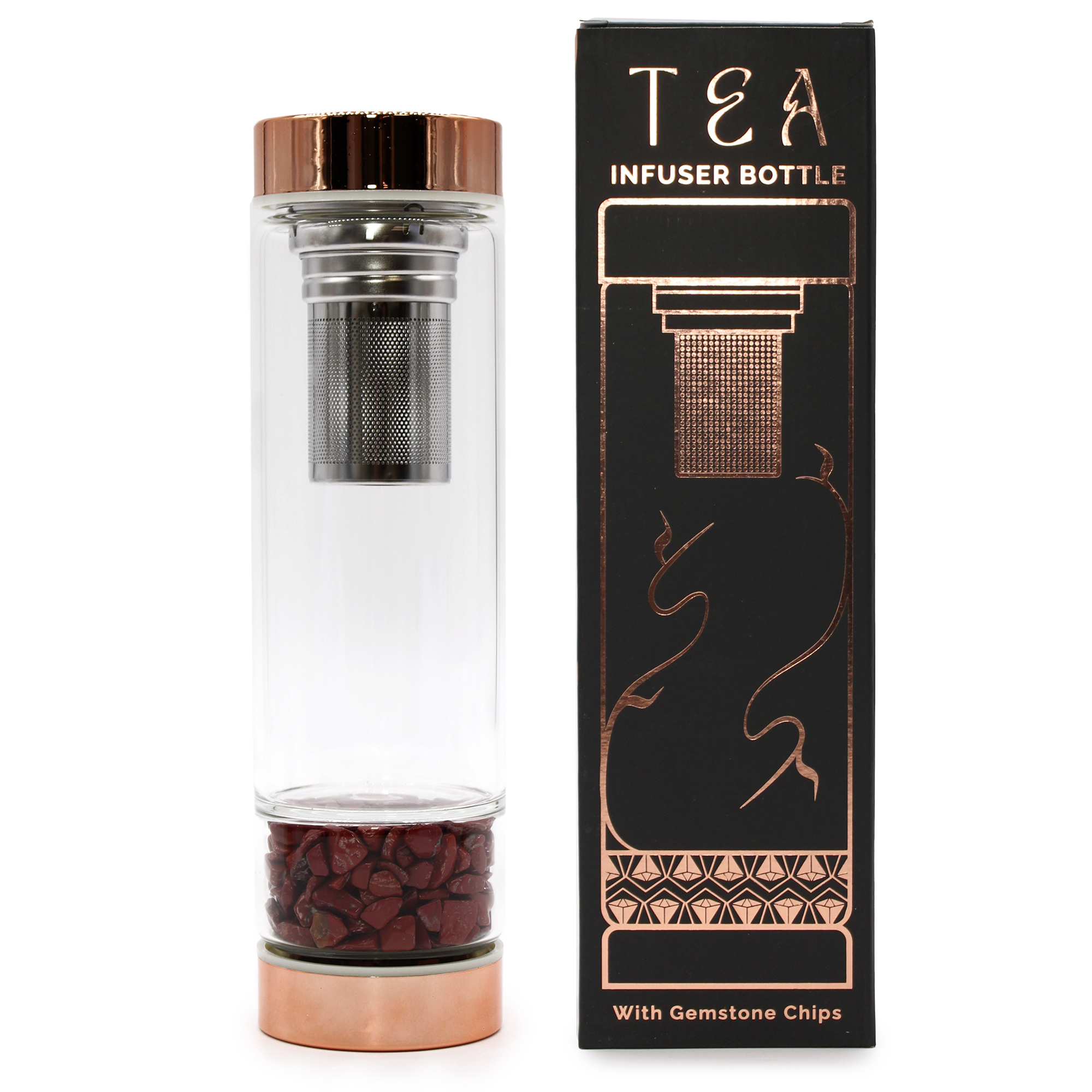Crystal Glass Tea Infuser Bottle - Rose Gold - Red Jasper  (CGTIB-04)