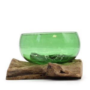 Recycled Beer Bottles - Wide Bowl on Wood  (RBB-02)