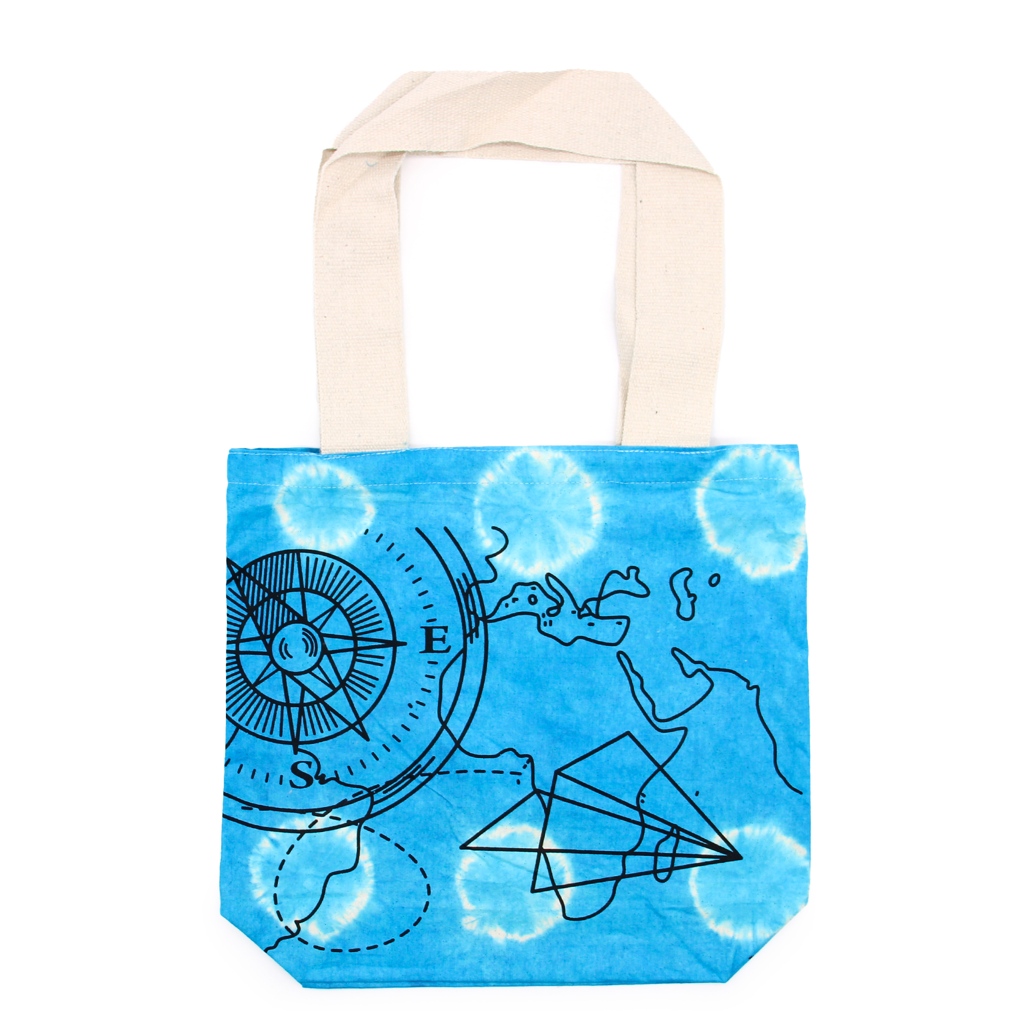 Tye-Dye Cotton Bag (6oz) - 38x42x12cm - Compass - Blue - Natural Handle (TDB-01)