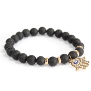 Hamsa / Black Agate - Gemstone Bracelet  (Boho-03)