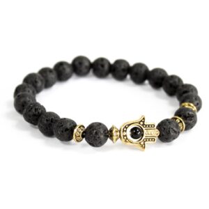 Gold Hamsa / Lava Stone - Gemstone Bracelet (Boho-04)