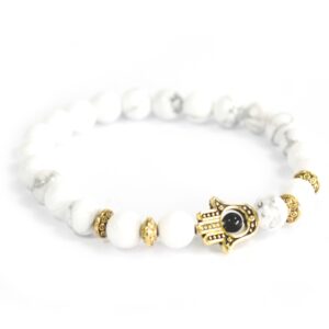 Gold Hamsa / White Stone - Gemstone Bracelet (Boho-10)