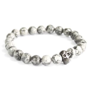 Pewter Skull / Grey Agate - Gemstone Bracelet  (Boho-11)
