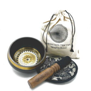 Hand Beaten & Engraved Singing Bowl Gift Set - 14cm - Round Medallions  (TIbS-22)