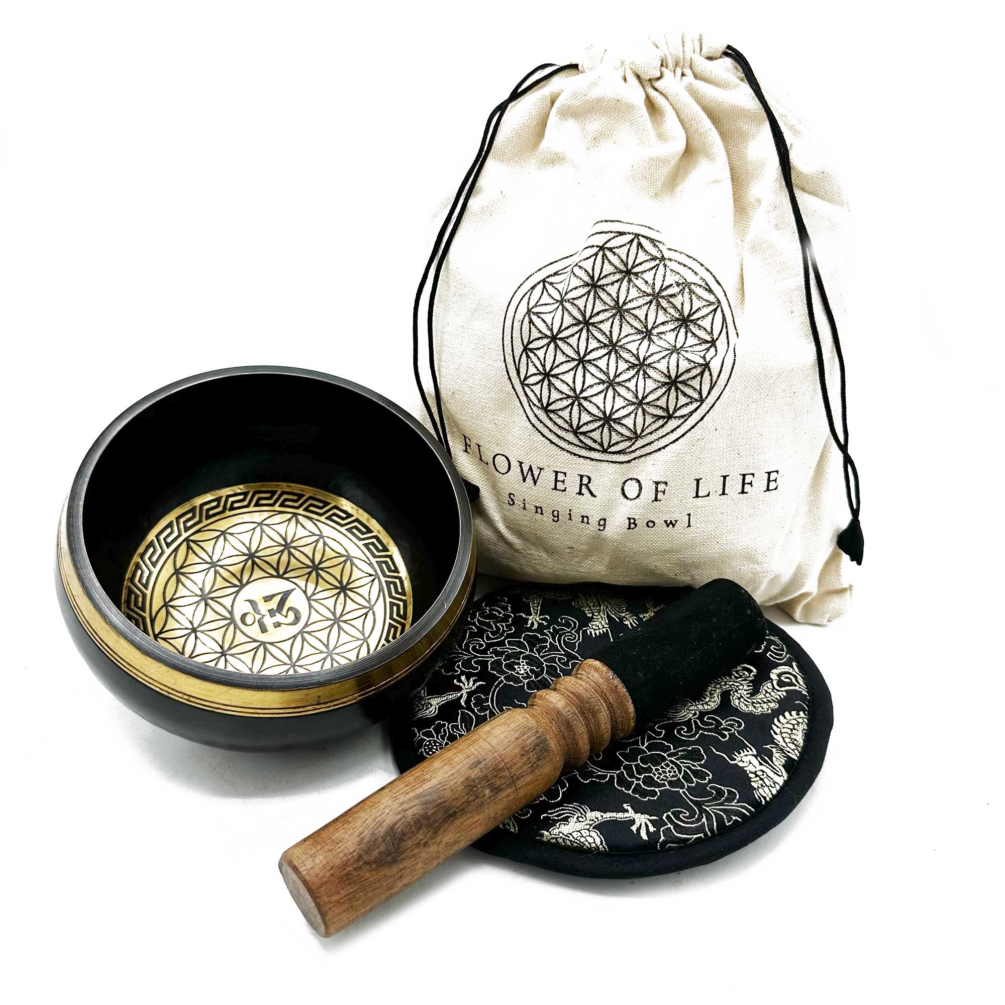 Hand Beaten & Engraved Singing Bowl Gift Set - 14cm - Flower of Life (TIbS-24)