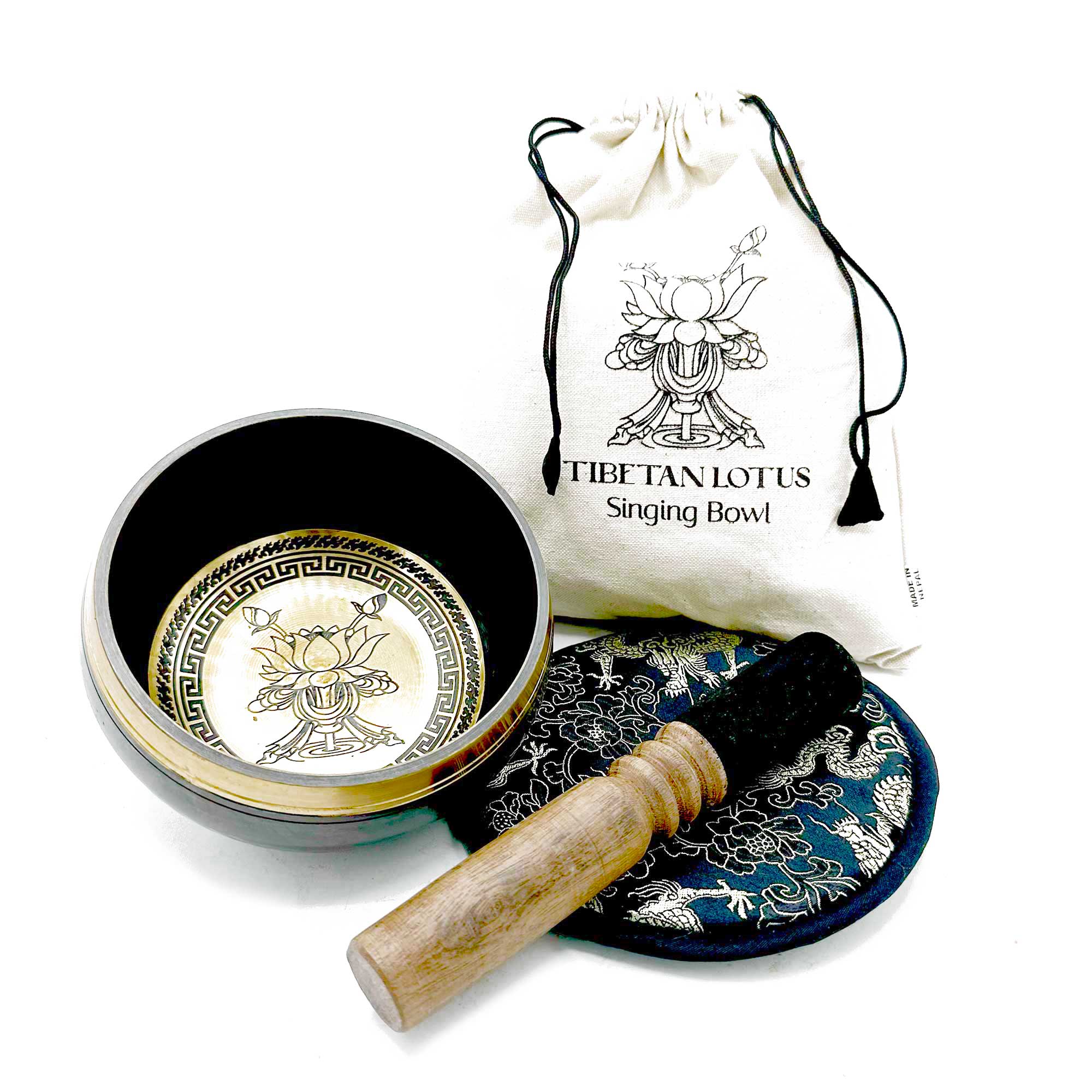 Hand Beaten & Engraved Singing Bowl Gift Set - 14cm - Lotus Flower (TIbS-21)