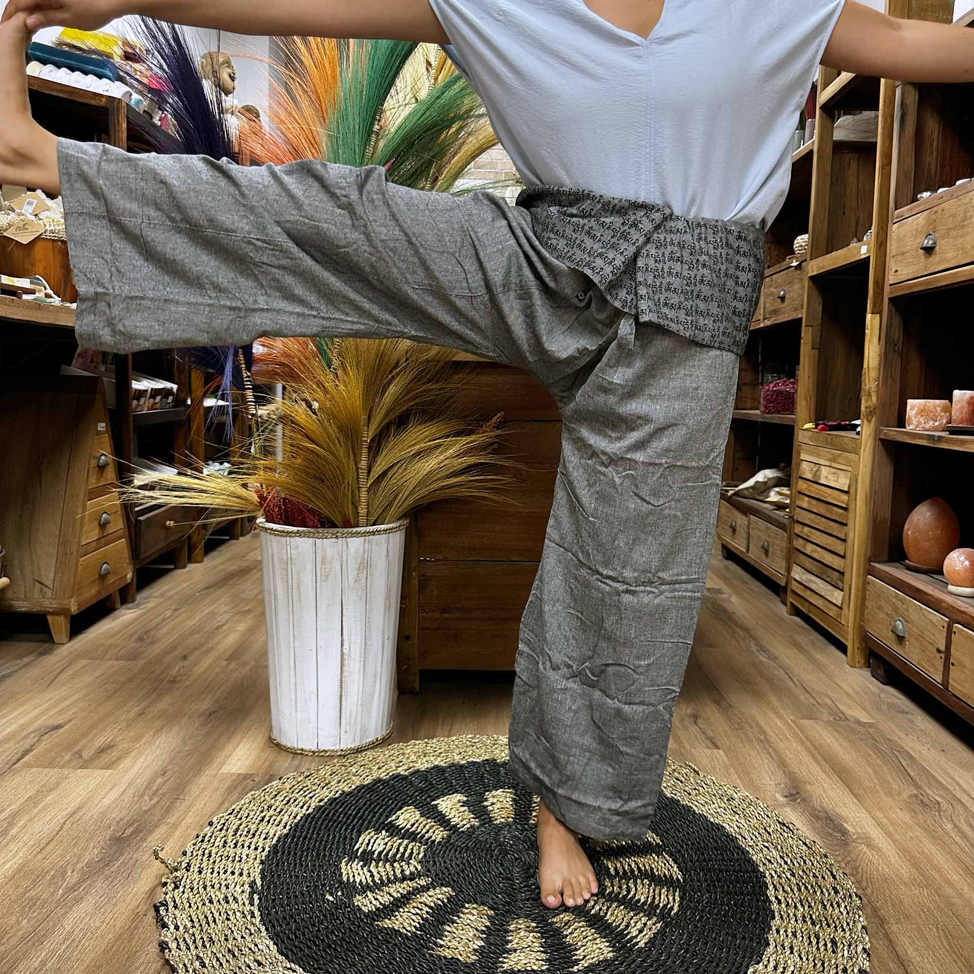 Yoga and Festival Pants - Thai Fisherman Mandala Mantra on Grey  (YFP-07)