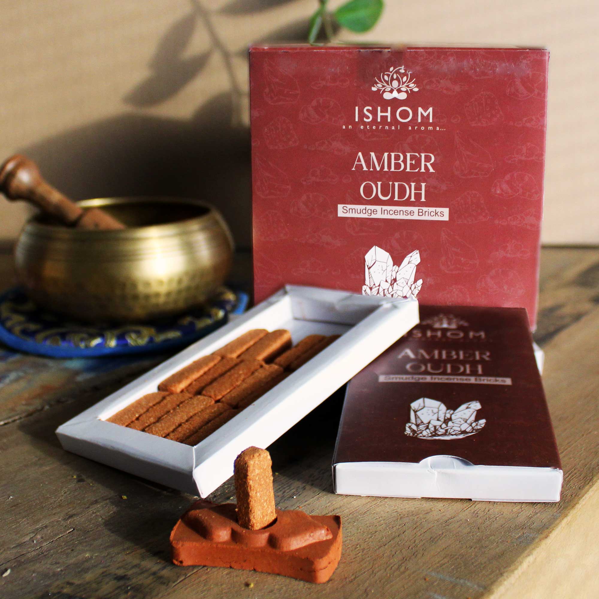 Pack of 15 Natural Incense Smudge Bricks and Burner - Amber Wood  (AISB-04)