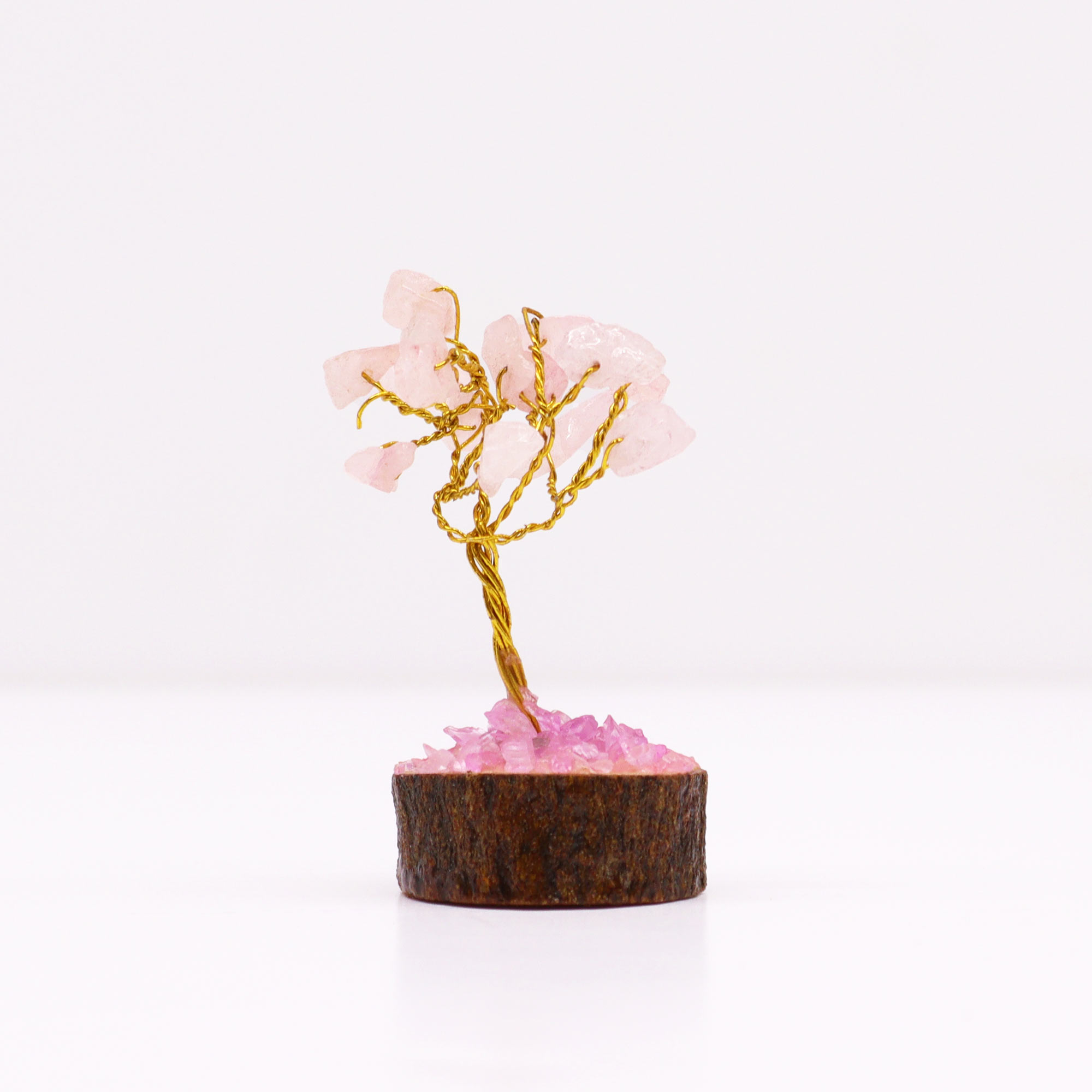 Mini Gemstone Trees On Wood Base - Rose Quartz (15 stones)  (MGemT-12)