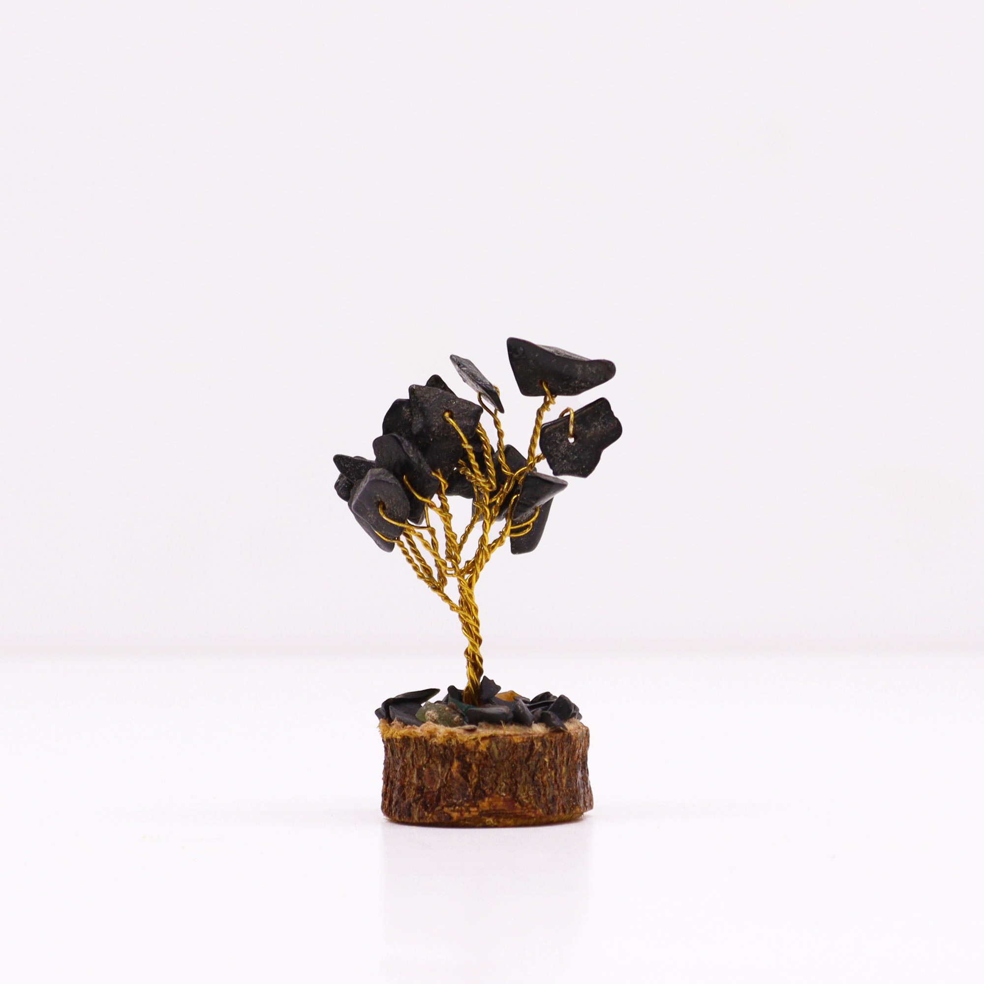 Mini Gemstone Trees On Wood Base - Black Agate (15 stones)  (MGemT-19)