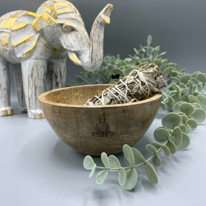 Wooden Smudge and Ritual Offerings Bowl - Buddha - 14x7cm  (RBowl-08)