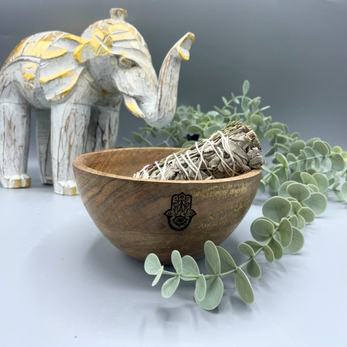 Wooden Smudge and Ritual Offerings Bowl - Hamsa - 14x7cm  (RBowl-09)