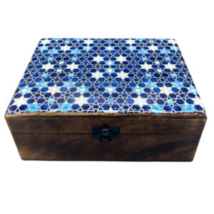 Large Ceramic Glazed Wood Box - 20x15x7.5cm - Blue Stars  (CGIBox-07)