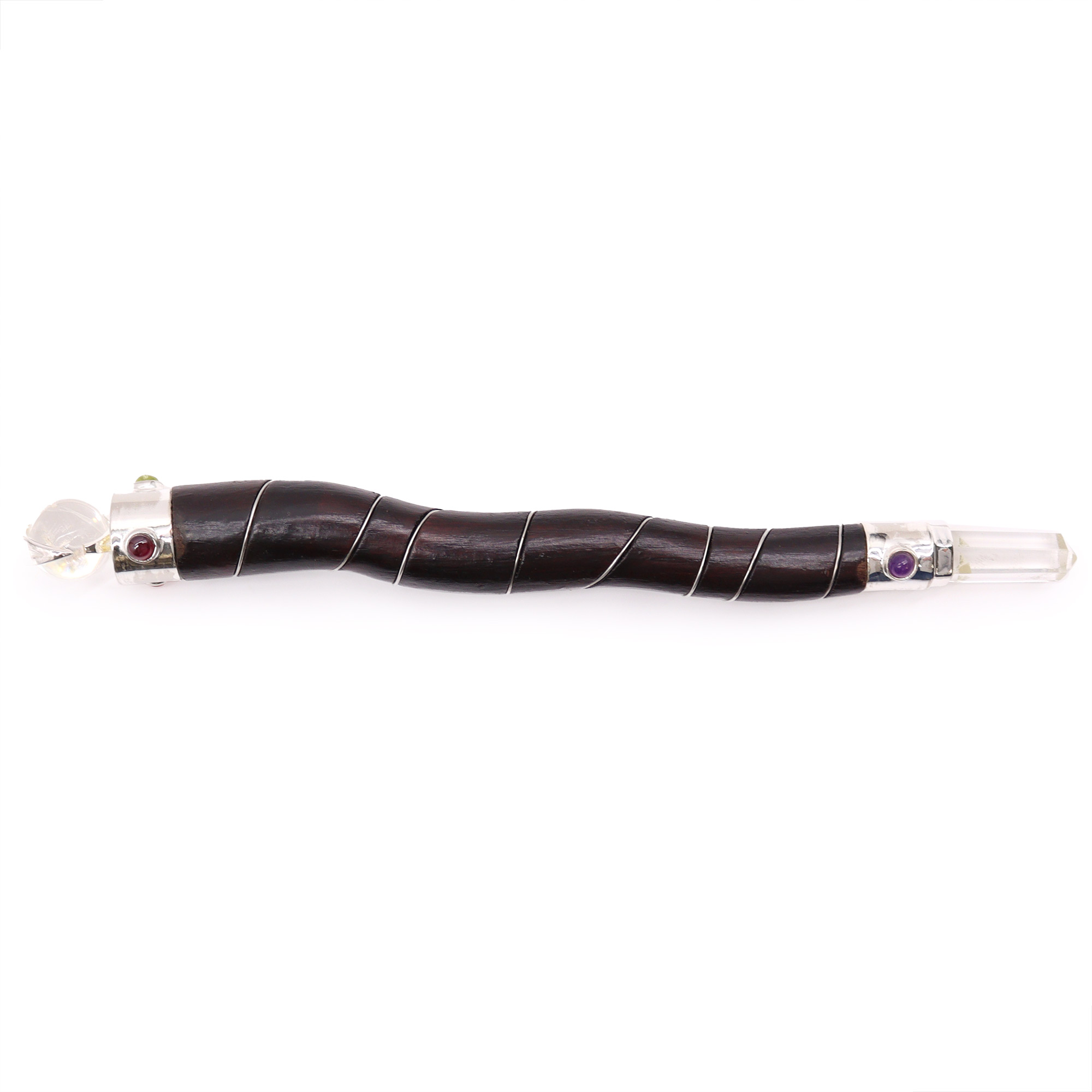 Natural Curved Wood and Rock Quartz Wand  (HWand-61)