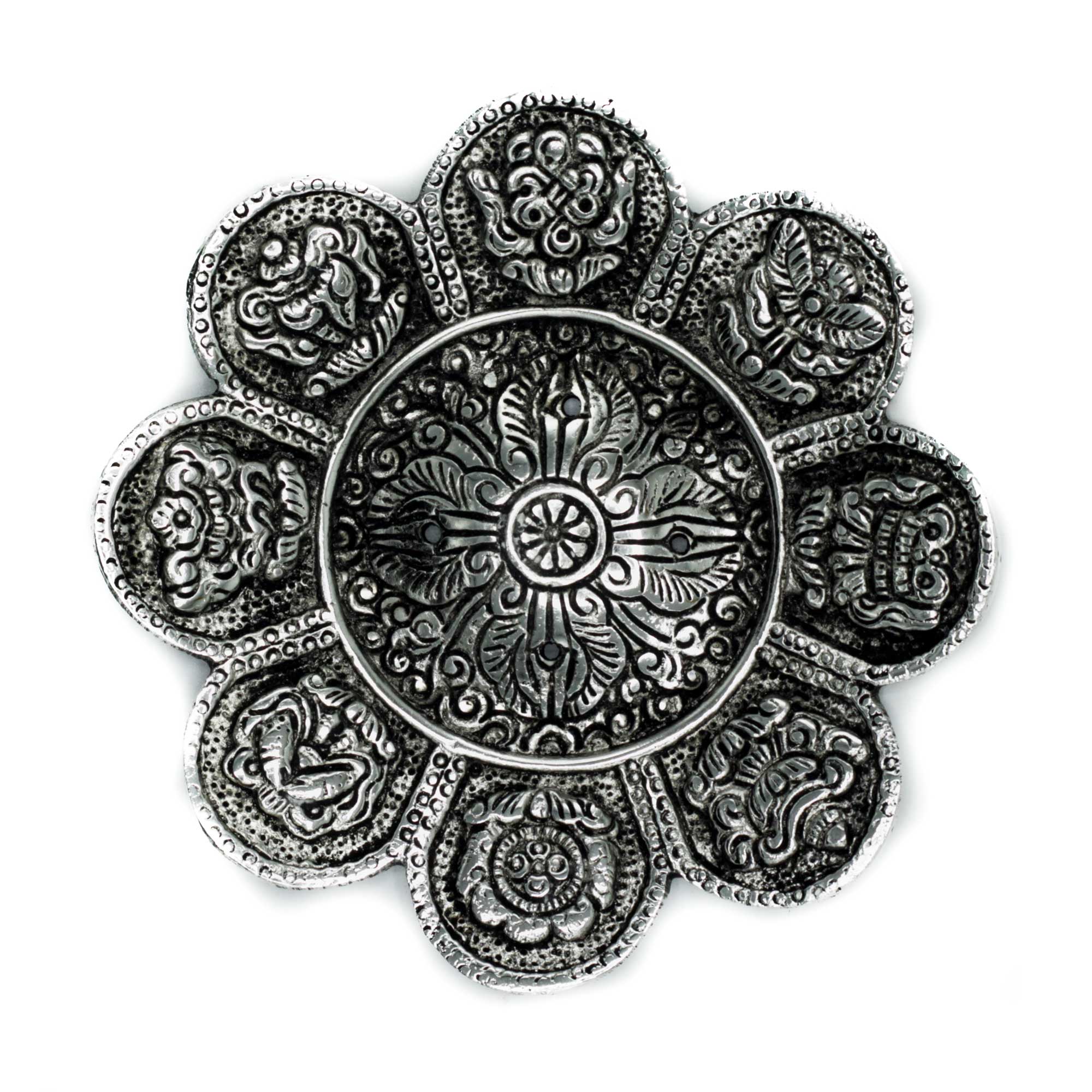 Polished Aluminium Tibetan Symbols Incense Holder 12cm  (PAIH-04)