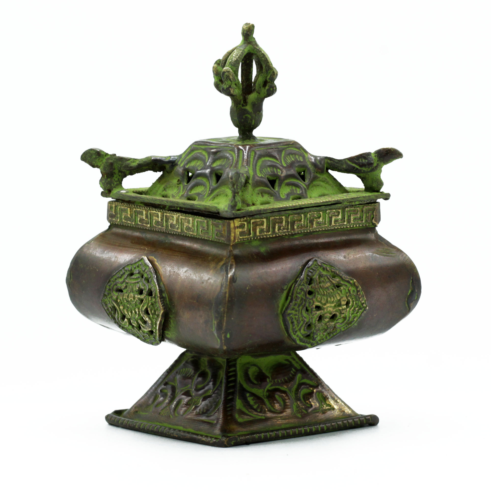 Brass Verdigris Tibetan Burner - Four Symbols Square Standing Pot (ATIH-04)