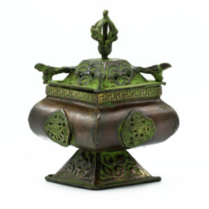 Brass Verdigris Tibetan Burner - Four Symbols Square Standing Pot (ATIH-04)