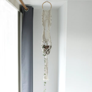 Macrame Pot Holder - Long With Ratten Hoop  (MacP-04)